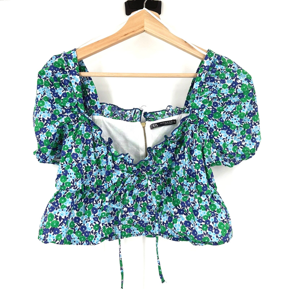 Zara Womens Floral Crop Top XS Ruffle Puff Sleeve Cottage Boho Milkmaid Romantic
